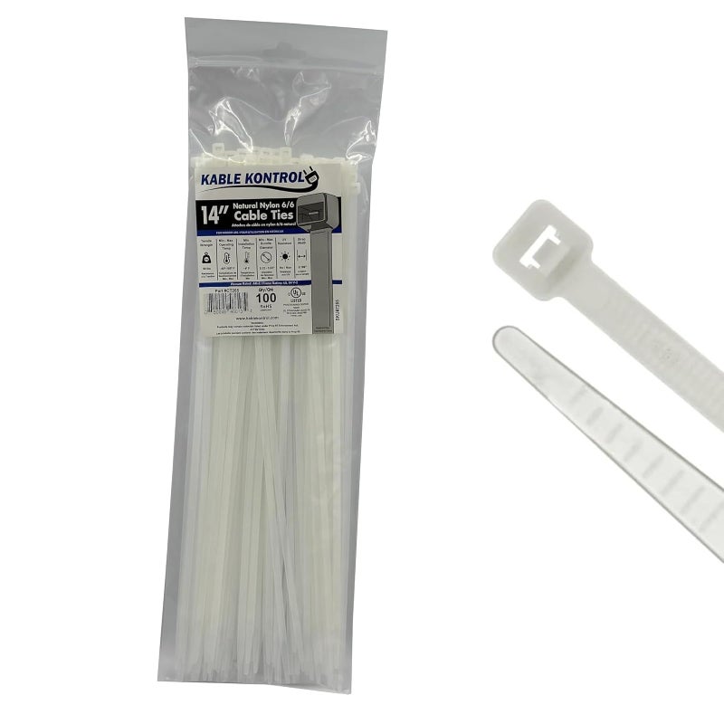 Kable Kontrol Cable Zip Ties Natural White 100 Pcs 14 Inch, 50 Lbs Tensile Strength, Self-locking Natural Nylon Clear Plastic Wire Ties wraps for Indoor or Outdoor Use - Image 1